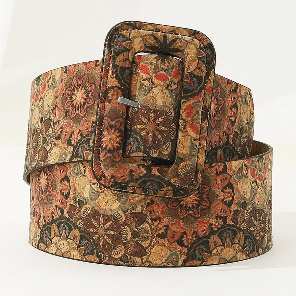 B254 Chestnut Western Floral Print Faux Leather Waist Belt